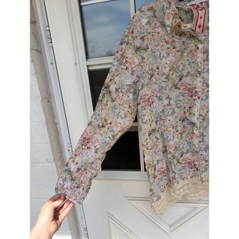 3J Workshop Johnny Was Floral Cotton Silk Lace Trim Button Down Shirt Large - Picture 8 of 14